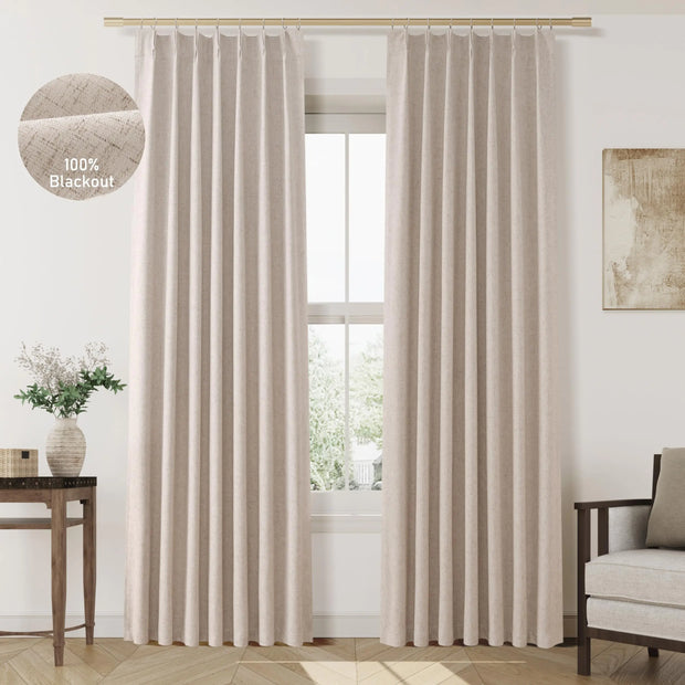 Jowels Oatmeal Linen Pinch Pleated Curtains 100% Blackout Pinch Pleat Curtains 84 Inches 2 PanelsPleated Linen Blackout Curtains for BedroomThermal Insulated Pleated Curtains with HooksW40 x L84