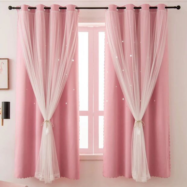 Ftinala Pink Blackout Curtains for Girls Room Baby Nursery Curtains Pink Curtains 2 Panels Blackout Curtains 72 Inch Length Star Cutout Pink Room Decor Double Layer with Lace Sun Blocking Curtains