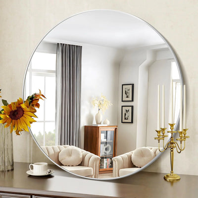 Silver Round Mirror 42 Inch Wall Mounted Round Mirror Aluminum Alloy Metal Frame Wall Mirror Round Bathroom Mirror Round Mirror for Bathroom Entryway Living Room Large Mirror for Over Sink